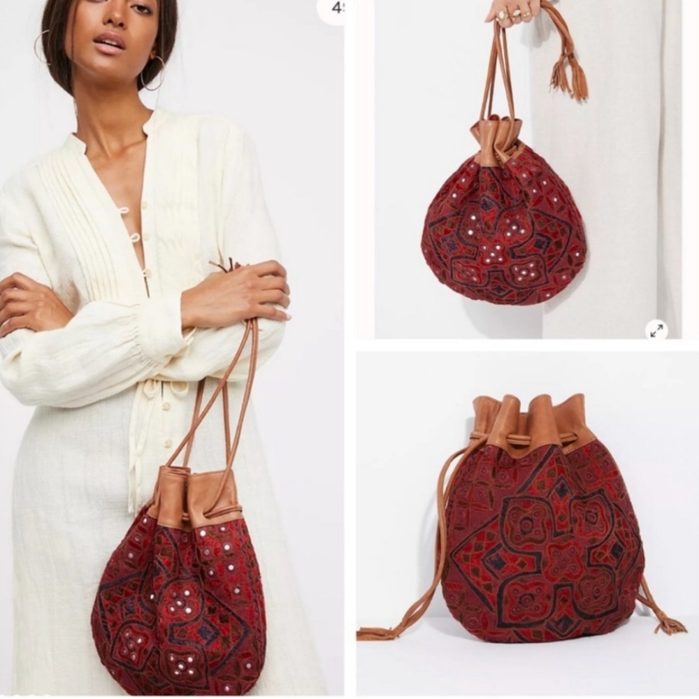 Free People Red and Brown Embroidered Bucket Bag